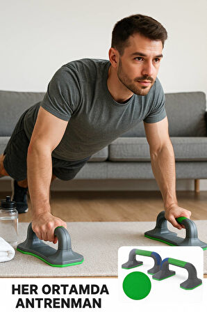 Kaymaz Tabanlı Push-Up Standı – Ev ve Salon Kullanımına Uygun Güçlü Destek Aparatı Yeşil