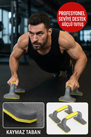 Kaymaz Tabanlı Push-Up Standı – Ev ve Salon Kullanımına Uygun Güçlü Destek Aparatı Sarı