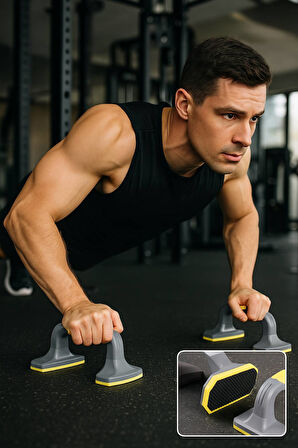 Kaymaz Tabanlı Push-Up Standı – Ev ve Salon Kullanımına Uygun Güçlü Destek Aparatı Sarı