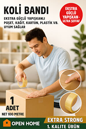 Open Home 100 Metre Şeffaf Koli Bandı – Extra Strong 40 Micron Kalınlık, Güçlü Yapışkan