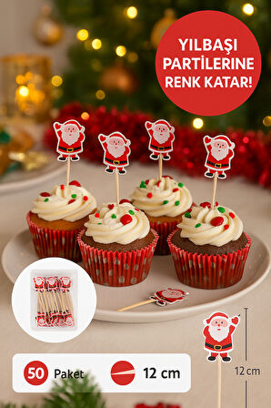 50’li Noel Baba Figürlü 12 cm Bambu Kürdan • Yılbaşı Sunum ve Parti Süsleme Seti