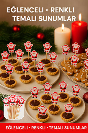 50’li Noel Baba Figürlü 12 cm Bambu Kürdan • Yılbaşı Sunum ve Parti Süsleme Seti