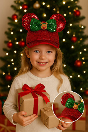 Kırmızı Payetli Yılbaşı Şapkası – Yeşil Fiyonklu, Geyik Figürlü, Her Yaşa Uygun Parti Aksesuarı