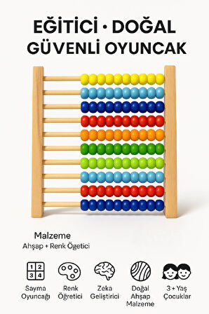 Premium Ahşap Renkli Abaküs • 10 Katlı Eğitici Sayma ve Zeka Geliştirici Oyuncak