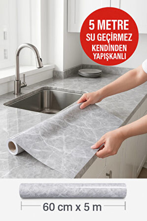 Gri Mermer Desenli Kendinden Yapışkanlı Su Geçirmez Tezgah Kaplama Folyo – Parlak Yüzey 60x500 CM 