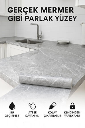 Gri Mermer Desenli Kendinden Yapışkanlı Su Geçirmez Tezgah Kaplama Folyo – Parlak Yüzey 60x500 CM 