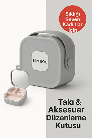 Mini Takı Kutusu Ayna ve 4 Bölmeli Seyahat Düzenleyici – Kolye, Küpe, Yüzük Saklama Kutusu Gri