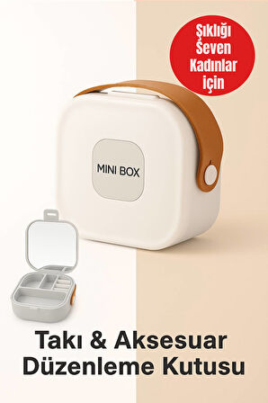 Mini Takı Kutusu Ayna ve 4 Bölmeli Seyahat Düzenleyici – Kolye, Küpe, Yüzük Saklama Kutusu Beyaz