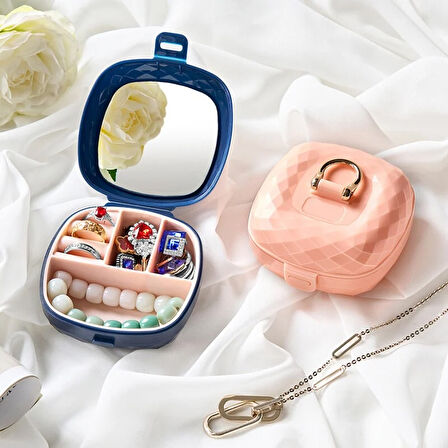 Taşınabilir Yüzüklü Takı Kutusu – Ayna ve 4 Bölmeli Mini Mücevher Organizer - Beyaz