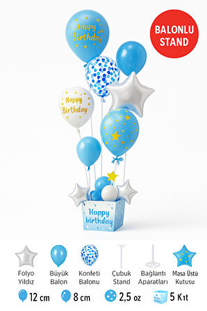 Mavi Doğum Günü Balon Kutusu – Happy Birthday Konsept Parti Süsleri Masa Üstü Stand