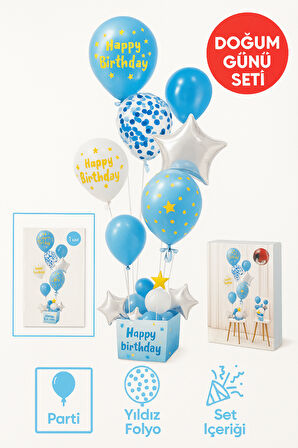 Mavi Doğum Günü Balon Kutusu – Happy Birthday Konsept Parti Süsleri Masa Üstü Stand