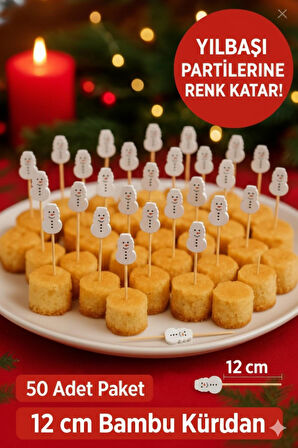 50’li Yılbaşı Kardan Adam Figürlü 12 cm Bambu Kürdan – Pasta Cupcake Süsleme Çubuğu Seti