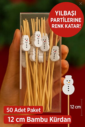 50’li Yılbaşı Kardan Adam Figürlü 12 cm Bambu Kürdan – Pasta Cupcake Süsleme Çubuğu Seti