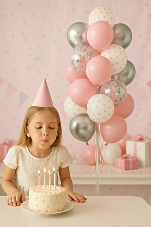 185 CM Pembe Gri Balon Standı Seti – Doğum Günü Parti Süsleri | Kalpli Konfeti Balon Dekoru