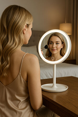 Profesyonel LED Makyaj Aynası – Dokunmatik, 3 Işık Modu, Şarjlı 360° Ayarlanabilir Ayna Beyaz