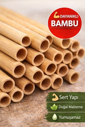 50 Adet Bambu Pipet 9Mm X 20Cm Kalın Smoothie Pipeti Doğal Çevre Dostu