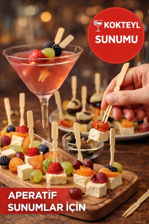 100 Adet Bambu Çatallı Kürdan 9 cm Kokteyl Kürdanı Aperatif Sunum Kürdanı Mini Burger Kürdanı