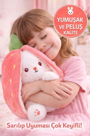 Pembe Çilek Tavşan Peluş Oyuncak 35 cm Dönüşebilen Çilek Tavşan Yumuşak Peluş Çocuk Hediyesi