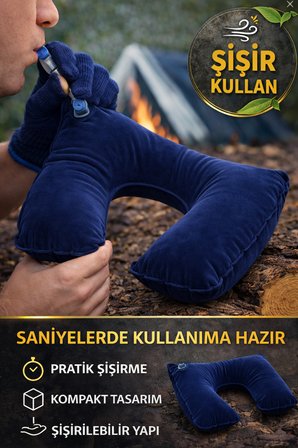 Lacivert Şişme Seyahat Boyun Yastığı – Uçak Araç Kamp İçin Ergonomik Taşınabilir Travel Yastık