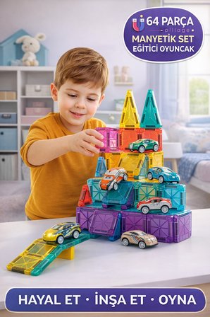 64 Parça Mini Manyetik Blok Eğitici Oyuncak Seti | 3D Yapı Oyunu, Zeka Geliştirici