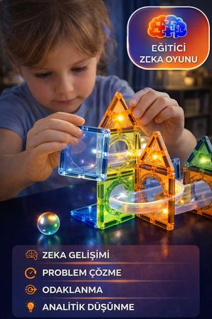 86 Parça Işıklı Manyetik Blok Seti 7.5cm – Marble Run Eğitici Oyuncak 3+ Yaş Zeka Oyunu