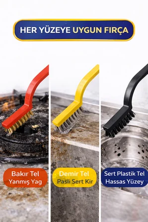3’lü Tel Fırça Seti Bakır Demir Plastik Uçlu Detay Temizlik Fırçası Ocak Musluk Lavabo