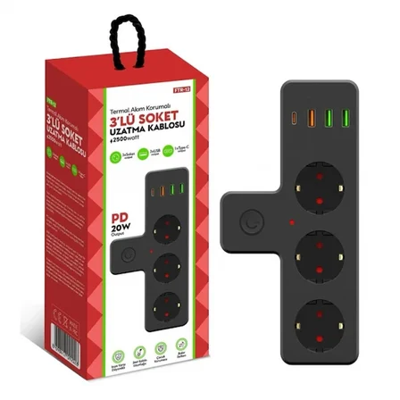 3’lü Akım Korumalı Priz Çoğaltıcı 3 USB + Type-C PD 20W Hızlı Şarj Duvar Tipi