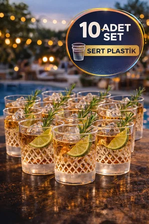 10’lu Yuvarlak Desenli Plastik Viski Bardağı I Sert Şeffaf Kokteyl Meşrubat Bardak Parti 220 cc 