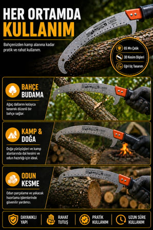 Kartal Saplı 380mm Eğri Uçlu Kamp Testeresi Budama Dal Kesme Testere Profesyonel 65Mn Çelik