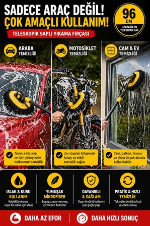Teleskopik Araç Yıkama Fırçası 96 cm Mikrofiber Oto Temizlik Fırçası Jant Cam Tavan