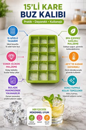 15’li Kare Buz Kalıbı Silikon Esnek Buzluk Kolay Çıkar BPA’sız Buz Küp Kalıbı