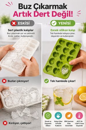 10’lu Kalp Buz Kalıbı Silikon Esnek Buzluk Çikolata Jelibon Kalıbı Kolay Çıkan Buz Kalıbı