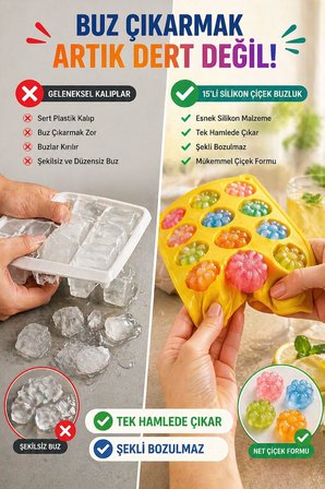 15’li Silikon Çiçek Buz Kalıbı Renkli Buzluk Esnek Kolay Çıkarma BPA Free Buz Yapıcı