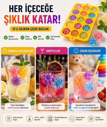 15’li Silikon Çiçek Buz Kalıbı Renkli Buzluk Esnek Kolay Çıkarma BPA Free Buz Yapıcı