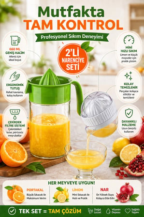 2'li Narenciye Sıkacağı Seti 660 ml Cam Hazneli + Mini Limon Sıkacağı Pratik Meyve Sıkacak