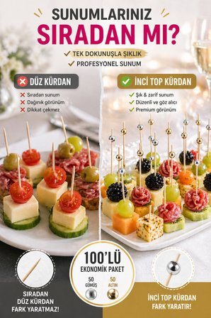 100’lü Set İnci Top Kürdan Altın Gümüş 12cm Bambu Kokteyl Sunum Kürdanı Parti Catering