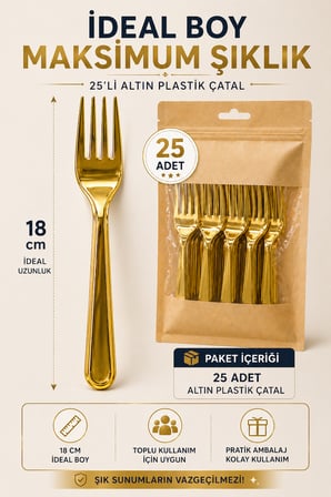 25’li Altın Plastik Çatal 18 cm Sert Tek Kullanımlık