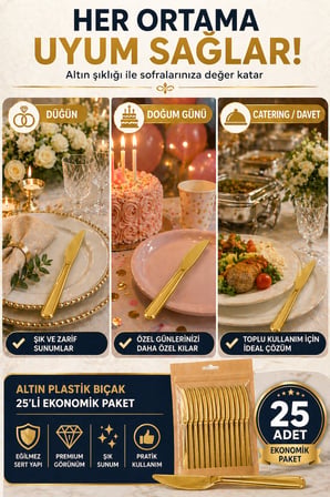 25’li Altın Plastik Bıçak 18 cm Sert Tek Kullanımlık