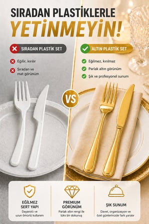 25’li Set Altın Plastik Çatal Bıçak Seti Kullan At Parti Davet Düğün Şık Sunum Seti Lüks Görünüm