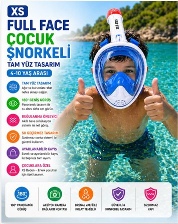 Mavi Beyaz Çocuk Full Face Şnorkel Maske XS Tam Yüz Dalış Maskesi Taşıma Çantalı Seti 4-10 Yaş