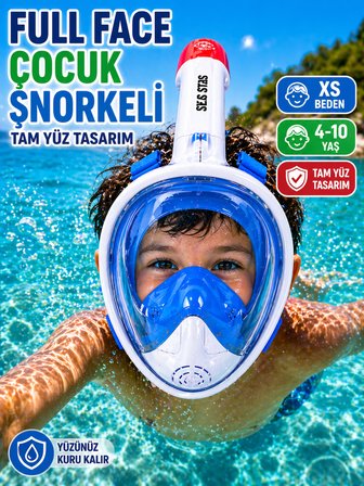 Mavi Beyaz Çocuk Full Face Şnorkel Maske XS Tam Yüz Dalış Maskesi Taşıma Çantalı Seti 4-10 Yaş