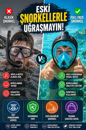 Mavi Siyah Full Face Şnorkel Maske S/M Beden 8-14 Yaş Çocuk Tam Yüz Dalış Seti Katlanabilir