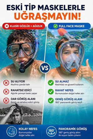 Turuncu Gri Full Face Şnorkel Maske S/M Beden 8-14 Yaş Çocuk Tam Yüz Dalış Seti Katlanabilir