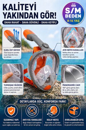 Turuncu Gri Full Face Şnorkel Maske S/M Beden 8-14 Yaş Çocuk Tam Yüz Dalış Seti Katlanabilir