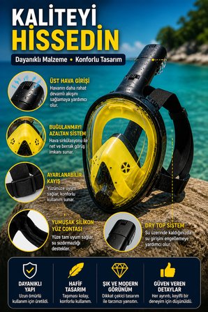 Sarı Siyah Full Face Şnorkel Maske L XL Tam Yüz Dalış Maskesi Sarı Geniş Görüş Anti Fog Deniz Maske