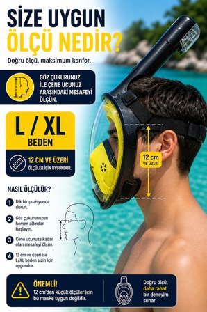 Sarı Siyah Full Face Şnorkel Maske L XL Tam Yüz Dalış Maskesi Sarı Geniş Görüş Anti Fog Deniz Maske