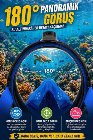 Mavi Siyah Full Face Şnorkel Maske L XL Tam Yüz Dalış Maskesi Sarı Geniş Görüş Anti Fog Deniz Maske