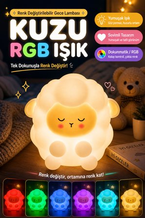 Kuzu RGB Gece Lambası Dokunmatik Silikon Led Çocuk Odası Işık 10 cm Renk Değiştirilebilir