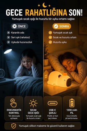 Capybara Gece Lambası Dokunmatik USB Şarjlı Yumuşak Silikon Çocuk Odası Uyku Işığı