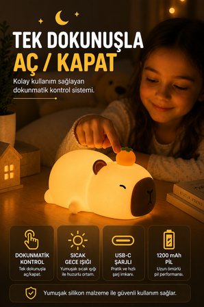 Capybara Gece Lambası Dokunmatik USB Şarjlı Yumuşak Silikon Çocuk Odası Uyku Işığı